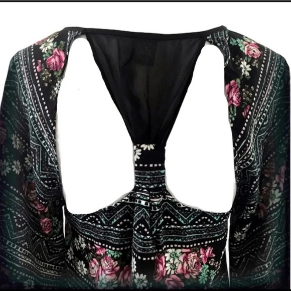 Paper Crane Black Floral Long Sleeve Racer Back Mini Shift Dress Size L - Picture 4 of 7